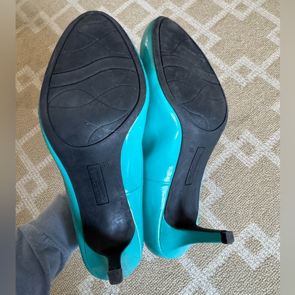 Comfort Plus Patent Round Toe Mid Heel Pumps Office Cocktail Turquoise Blue 11W - Picture 6 of 9